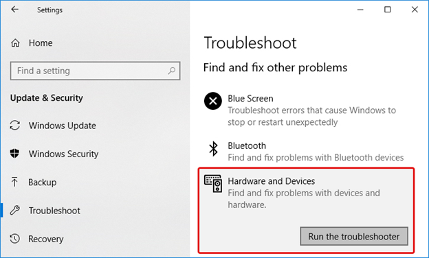 run hardware and devices troubleshooter