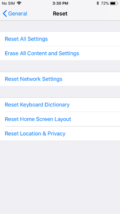 Reset options in iPhone