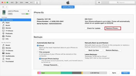 Restore iPhone option iTunes