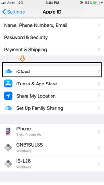 iCloud option on iPhone