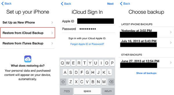 Onscreen prompts to restore from iCloud backup
