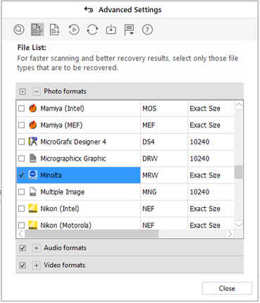 Minolta Photo file types in Advanced Settings