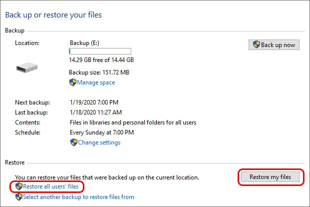 Choose Restore users file/ Restore my files 