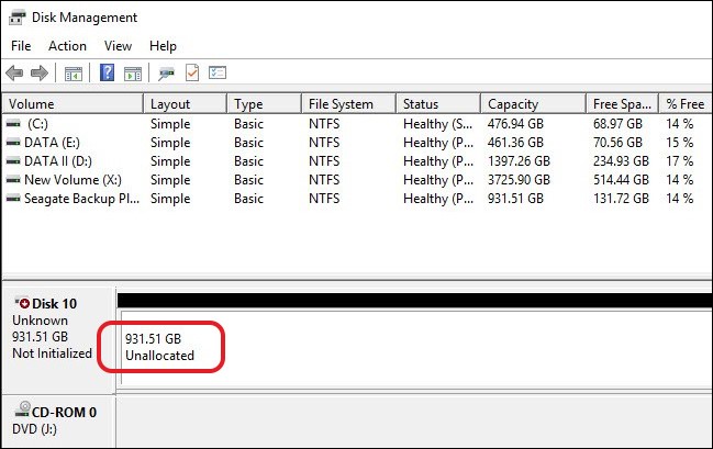 Drive appears as Unallocated in Disk Management