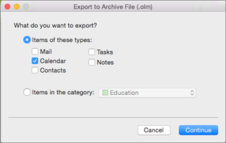 Export to Archive File (.olm) window