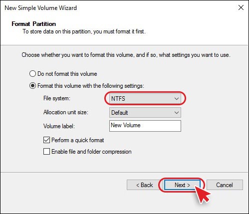 Format the drive and choose NTFS as a file system