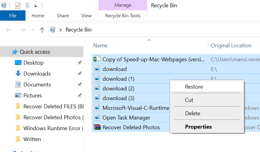 Select the files, right-click on them, and click Restore to recover deleted MS Excel files from Recycle Bin.