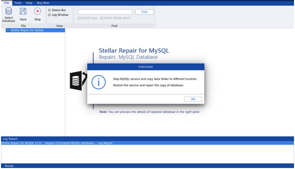 Stellar Repair for MySQL main interface window
