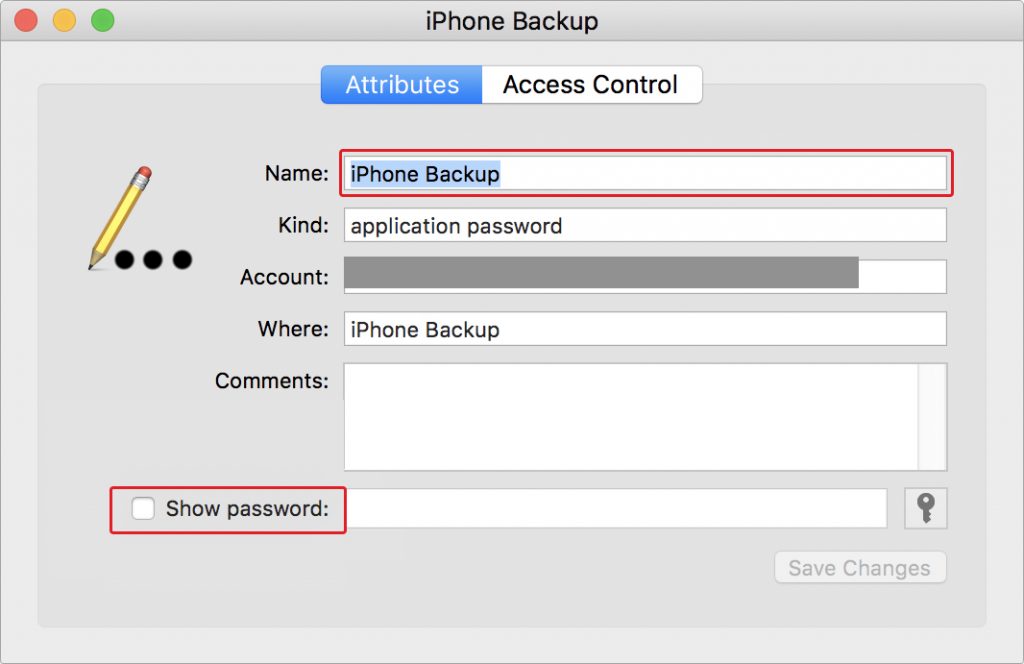 iPhone Backup password window in Keychain Access