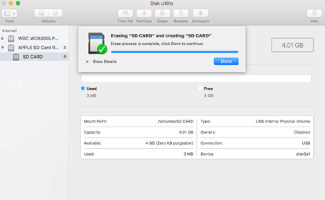 Processo di cancellazione card SD su Mac