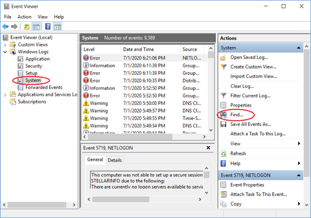 click-find-on-the-right-pane-on-event-viewer-window