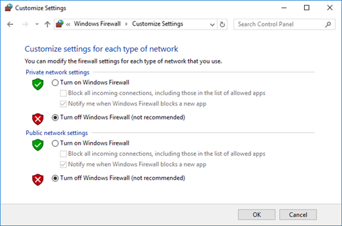 Turning Off Firewall in Windows Settings