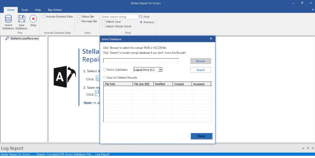 select corrupt Access database file