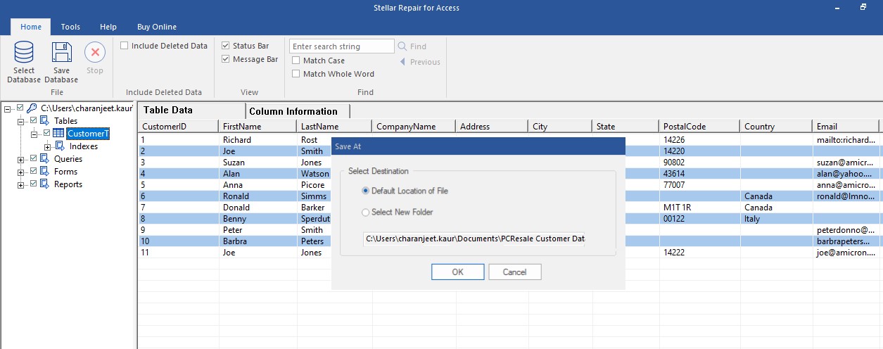 choose location to save repaired Access database file