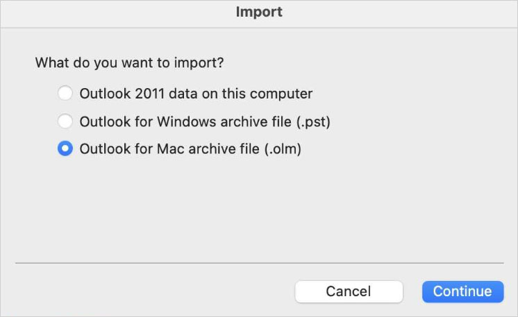 OLM file at the selected location