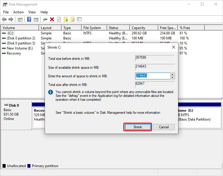 Allocate Space to Partition and shrink