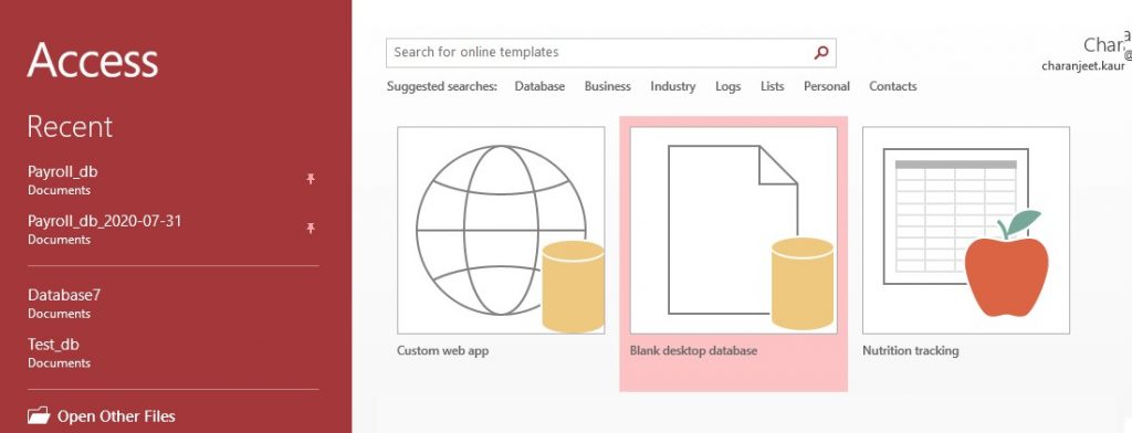 Open a Blank desktop database