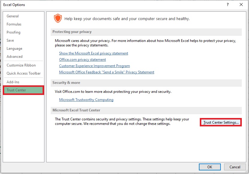 Trust center settings in Excel