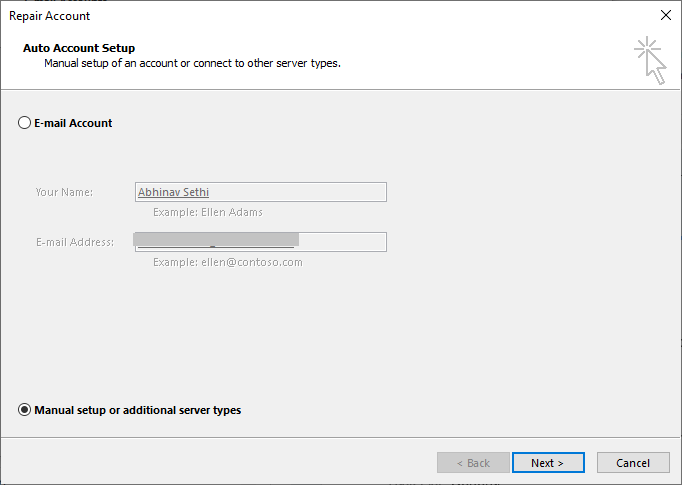 Outlook repair account for manual setup or additional server types