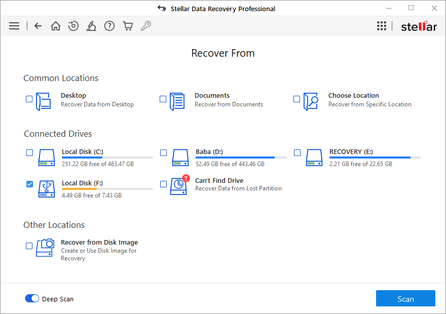 Stellar Data Recovery Professional - choose the connected storage drive