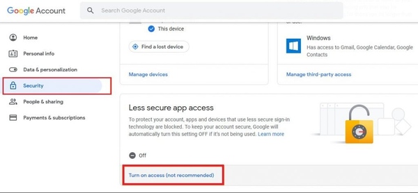 click ‘Settings’ and browse to ‘Less secure app access’ section