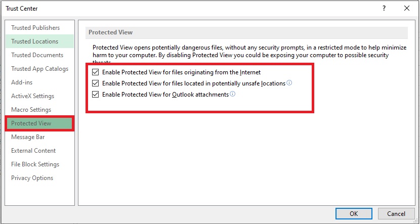change protected view settings 