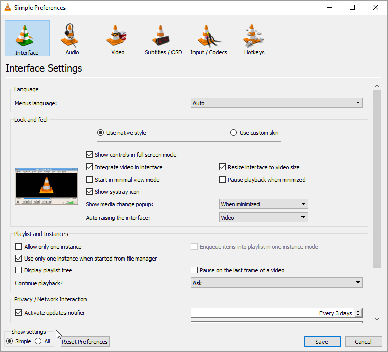Reset Preferences in VLC