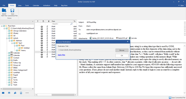 Providing destination folder for the converted NSF file