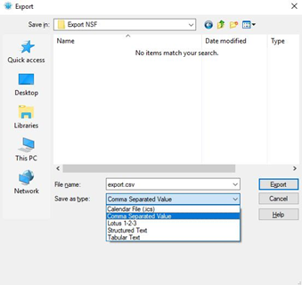 IBM Lotus Notes export window 