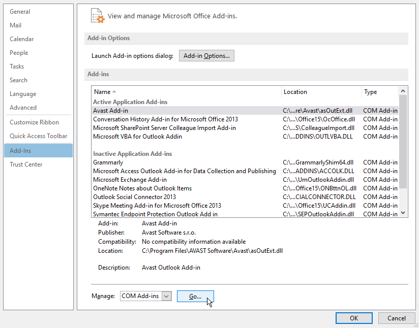 MS Outlook in safe mode