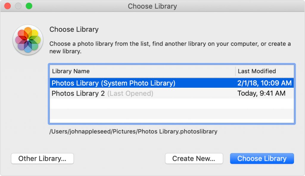 Choose Library dialog box on Mac