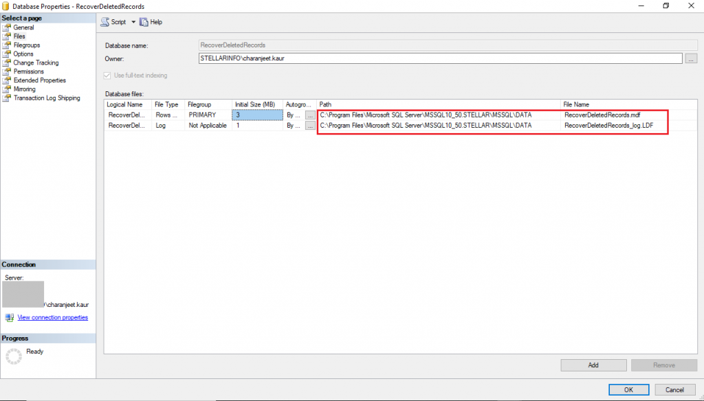 Abbildung 9 - Datenbankstandort in SSMS prüfen