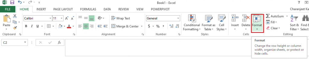 Format Option in Cells Group