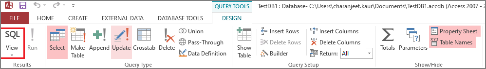 Sélection de la vue SQL