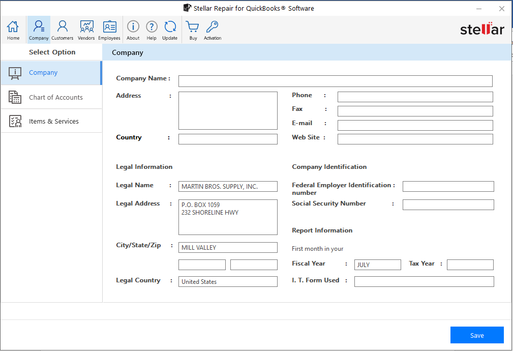 Stellar Repair for QuickBooks showing Preview of recoverable QuickBooks data