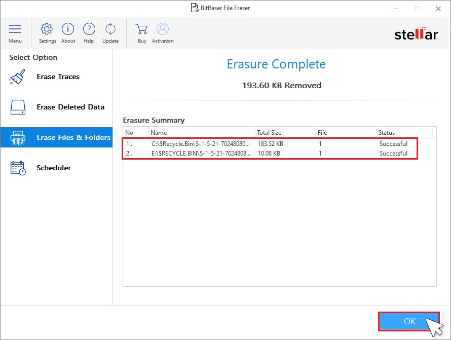 Verify erased files under Erasure Summary
