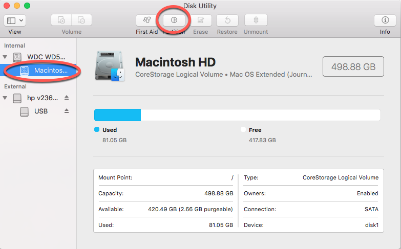 Select Macintosh HD and Got to Partition tab