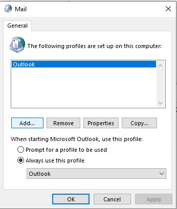 Add a new profile - outlook setup