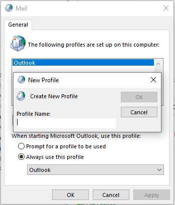 Choose Profile name for mail setup in outlook