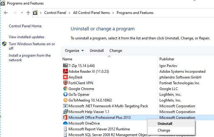 Programs and Features - uninstall or change a program