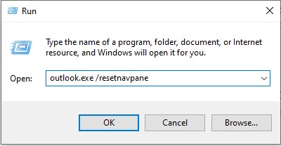 Entering Outlook.exe /resetnavpane in Run input field