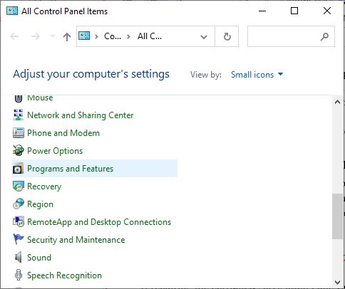 Programs and Features in Control Panel