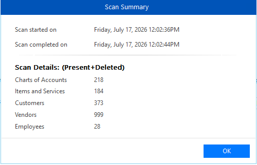 Stellar Repair for QuickBooks Scan Summary window showing log summary