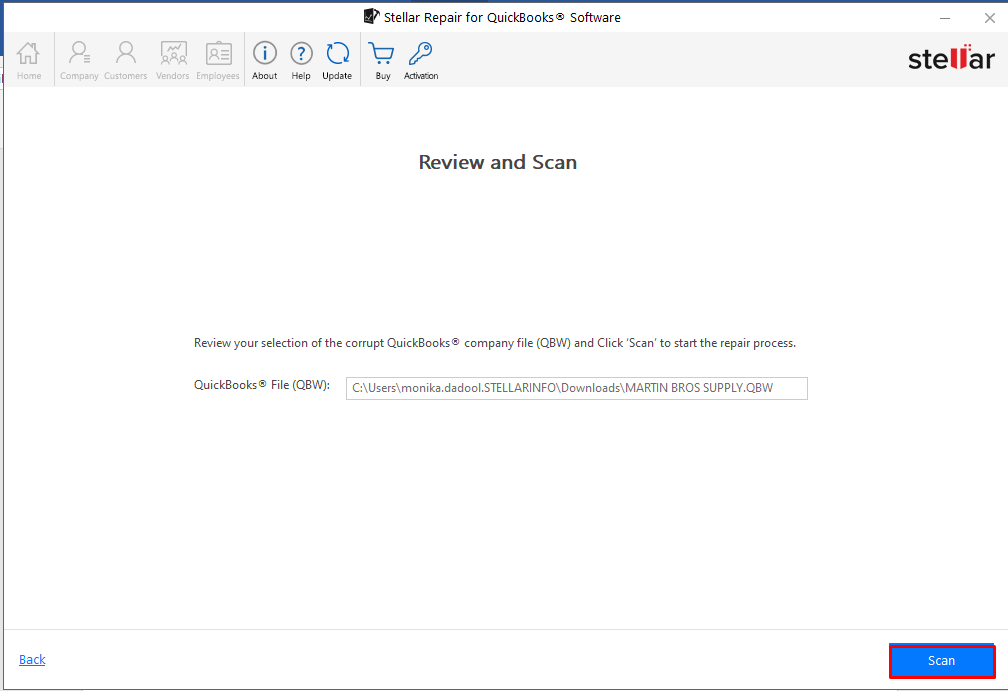 Stellar Repair for QuickBooks- Review and Scan window