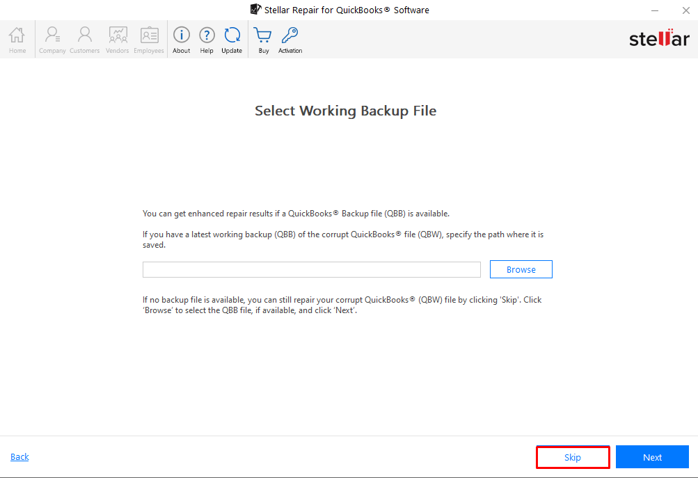 Stellar Repair for QuickBooks window showing Skip option if QuickBooks backup file is not working
