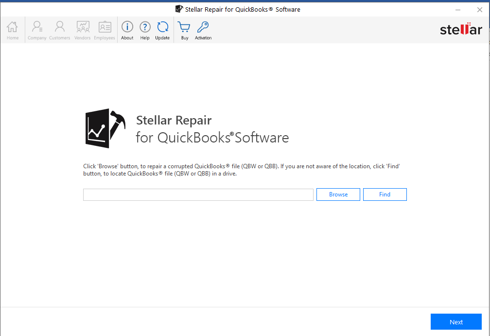 Stellar Repair for QuickBooks Interface to select corrupt QuickBooks company file