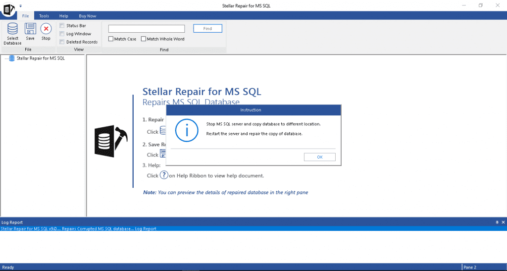 Interfaccia principale di Stellar Repair for MS SQL