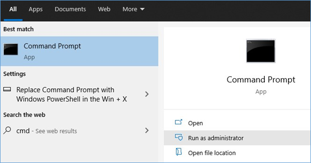 Open Command Prompt and choose to run it as an administrator