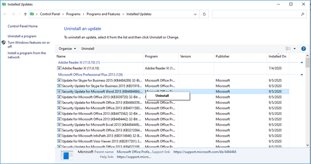 Select the problematic Windows update and uninstall it
