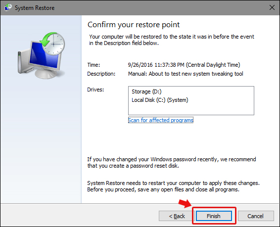 confirm restore point windows